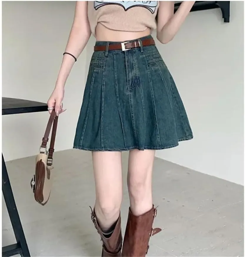 Women High-Waisted Mini Dress Printed Denim Skirt