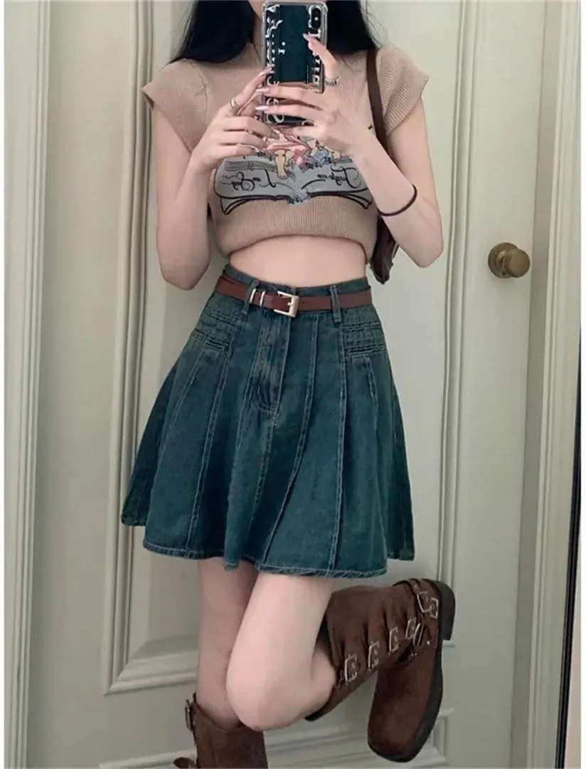Women High-Waisted Mini Dress Printed Denim Skirt