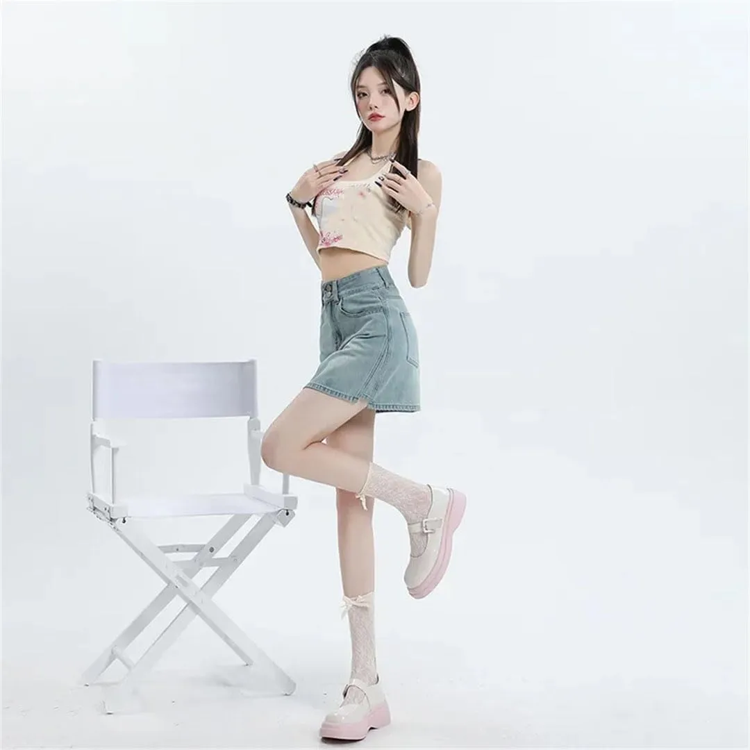 Women High-Waisted Side Slit Denim Skirt Anti-Exposure Mini Dress