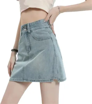 Women High-Waisted Side Slit Denim Skirt Anti-Exposure Mini Dress