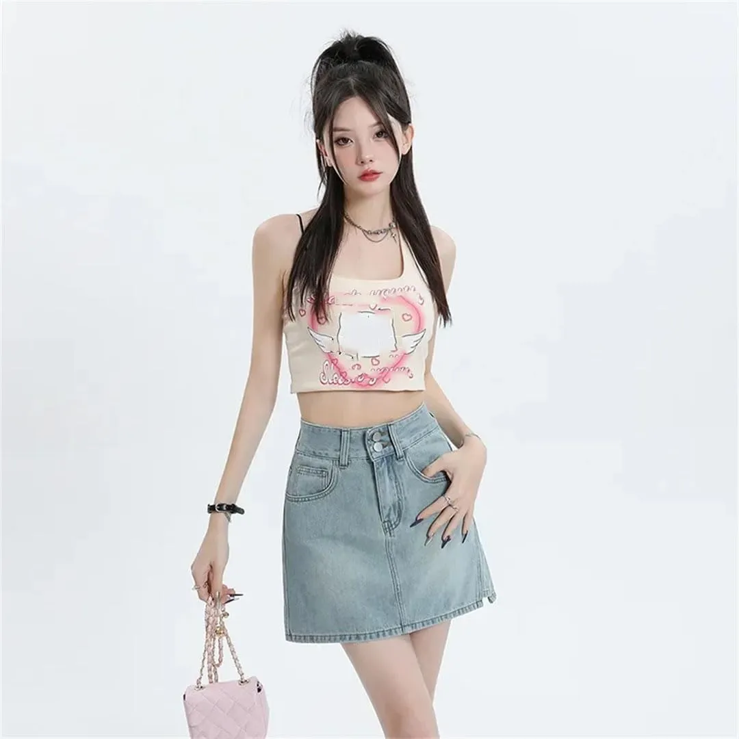 Women High-Waisted Side Slit Denim Skirt Anti-Exposure Mini Dress