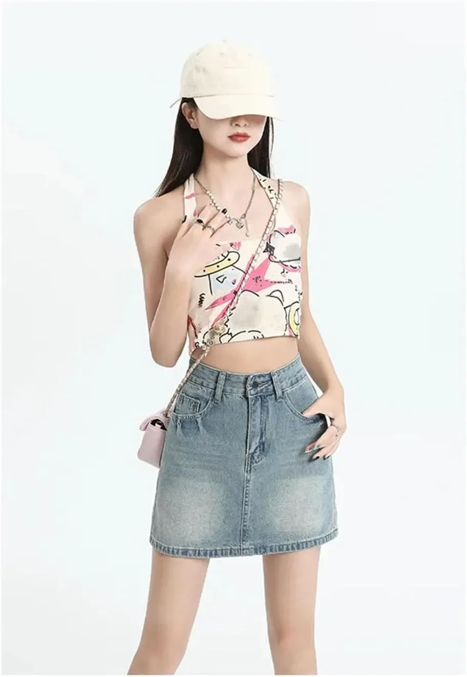Women High-Waisted Vintage Denim Mini Dress Embroidery Design Slimming Skirt
