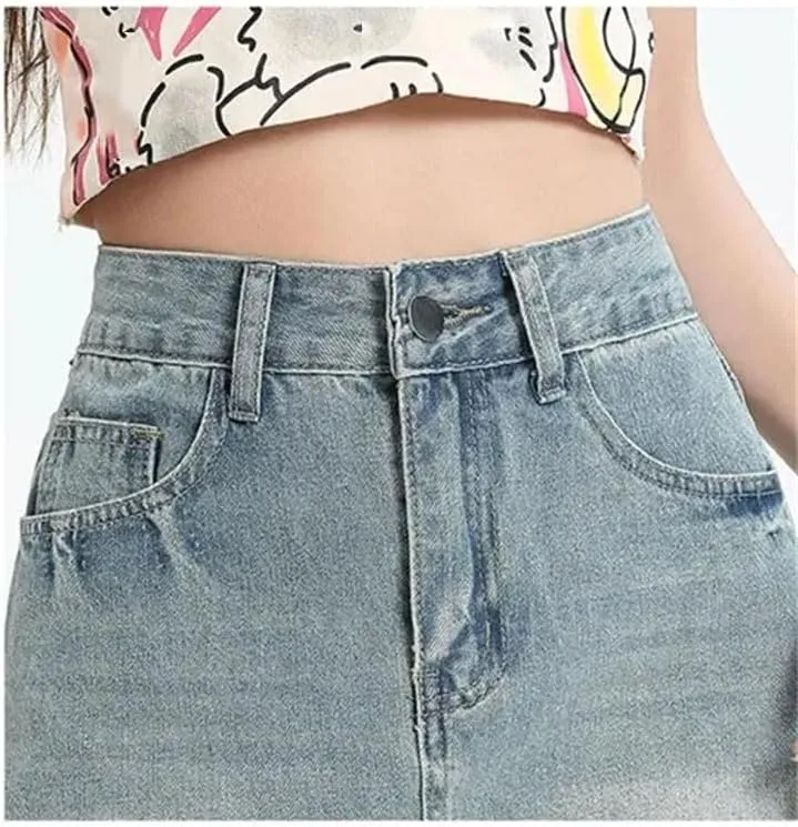 Women High-Waisted Vintage Denim Mini Dress Embroidery Design Slimming Skirt