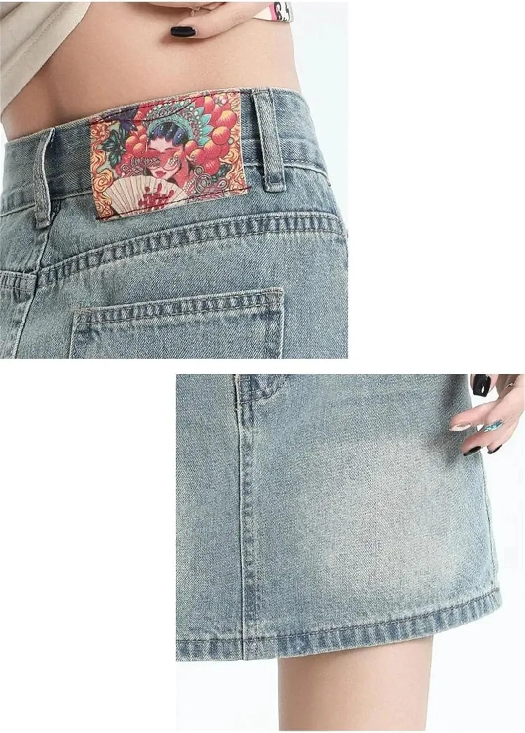 Women High-Waisted Vintage Denim Mini Dress Embroidery Design Slimming Skirt