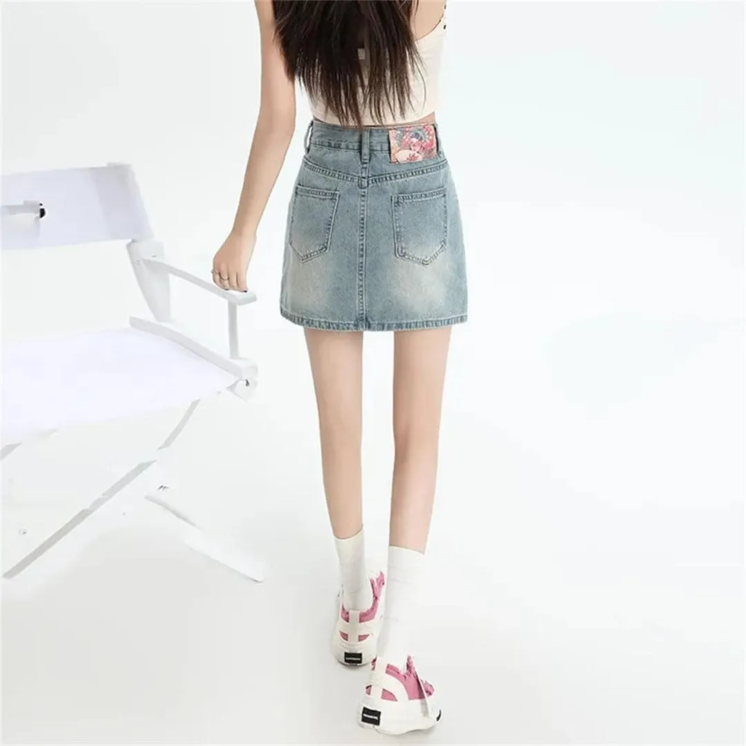 Women High-Waisted Vintage Denim Mini Dress Embroidery Design Slimming Skirt