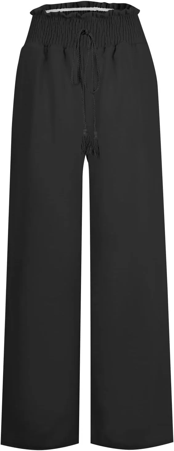 Women Linen Blend Summer Breathable Palazzo Pants Low Waist Wide Leg Loose Fit Pants Work Business