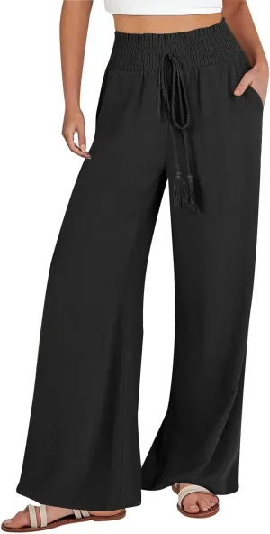 Women Linen Blend Summer Breathable Palazzo Pants Low Waist Wide Leg Loose Fit Pants Work Business