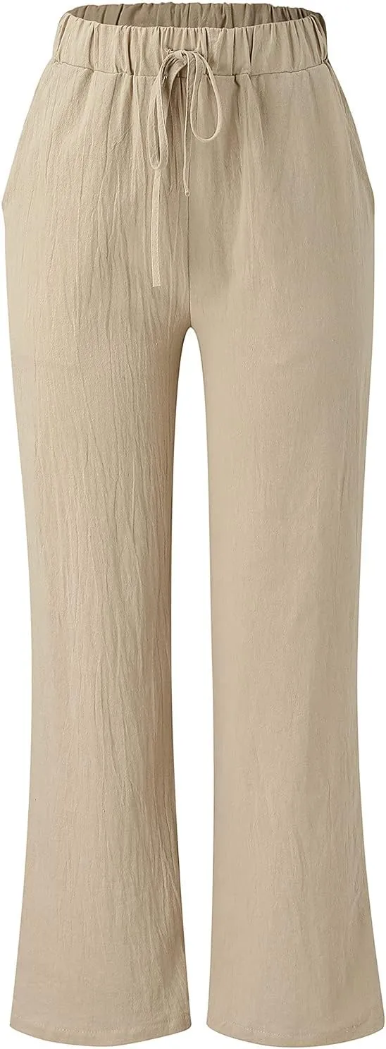 Women Linen Cotton Summer Pants Drawstring Elastic Waist Palazzo Trousers Straight Wide Leg Baagy Casual Pocket Pants