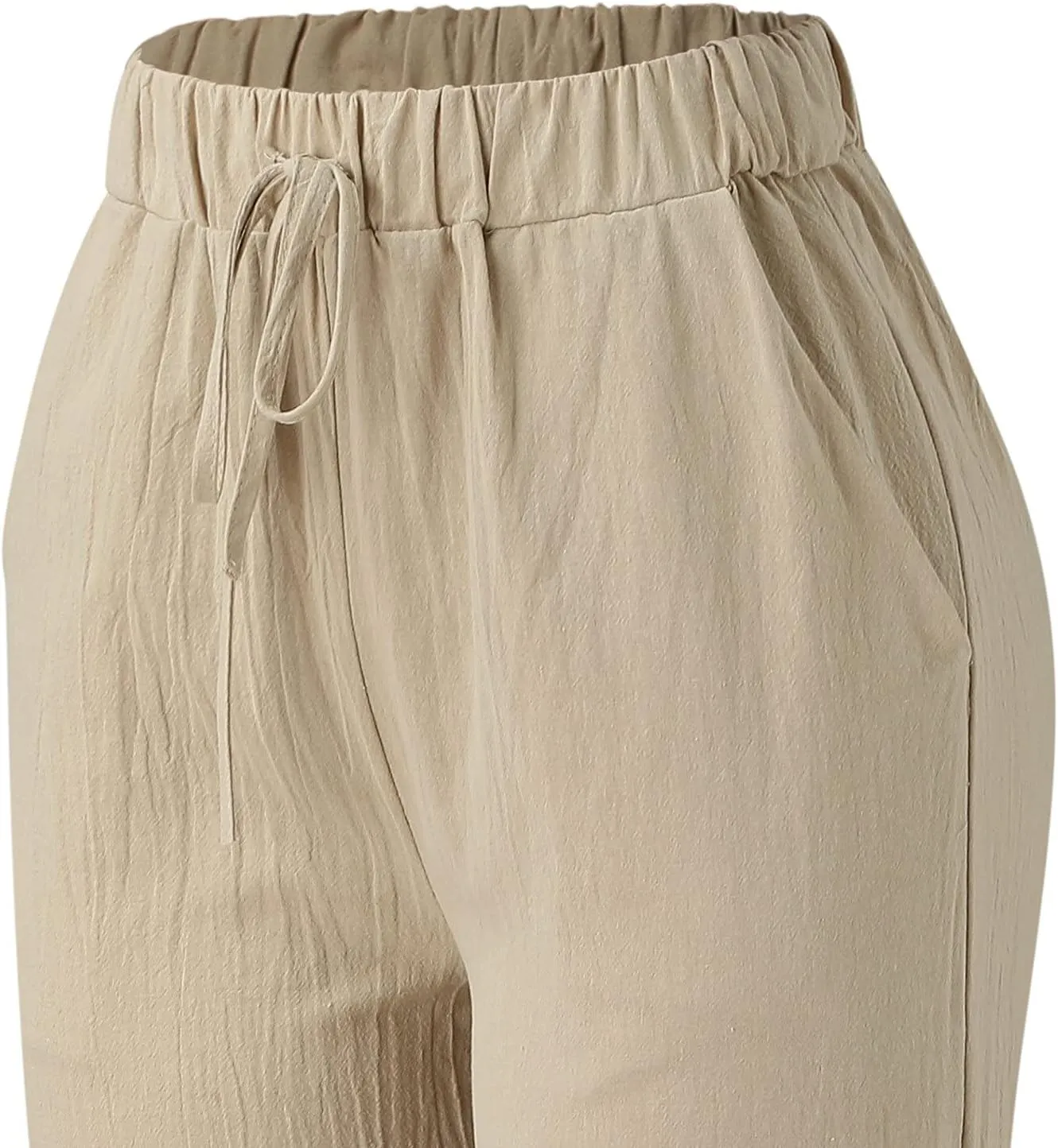 Women Linen Cotton Summer Pants Drawstring Elastic Waist Palazzo Trousers Straight Wide Leg Baagy Casual Pocket Pants