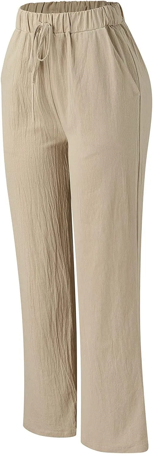 Women Linen Cotton Summer Pants Drawstring Elastic Waist Palazzo Trousers Straight Wide Leg Baagy Casual Pocket Pants
