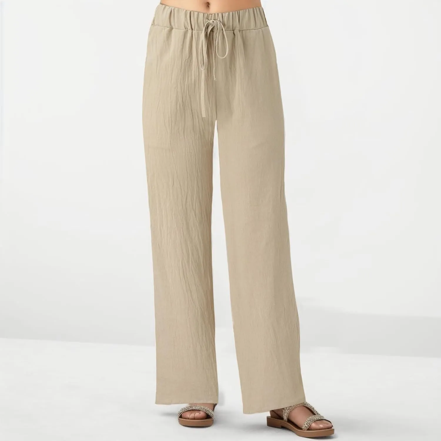 Women Linen Cotton Summer Pants Drawstring Elastic Waist Palazzo Trousers Straight Wide Leg Baagy Casual Pocket Pants