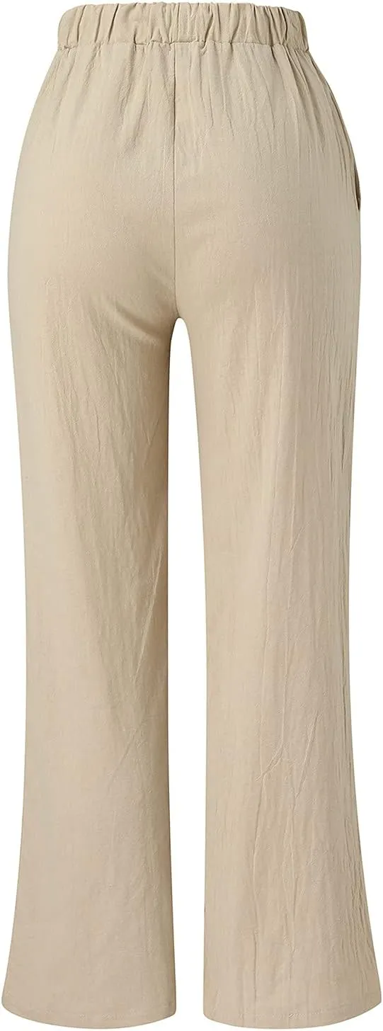 Women Linen Cotton Summer Pants Drawstring Elastic Waist Palazzo Trousers Straight Wide Leg Baagy Casual Pocket Pants