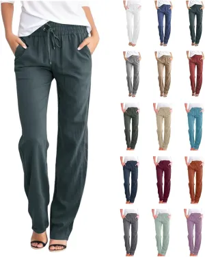 Women Linen Pants Beach Drawstring Joggers Cotton Loose Gauze Pants Summer Causal Lightweight Pants Wide Leg Trousers