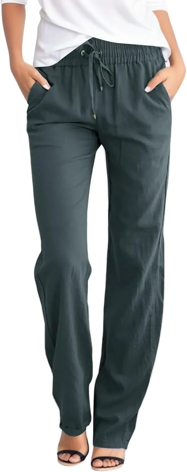 Women Linen Pants Beach Wide Leg Drawstring Joggers Cotton Loose Gauze Pants Summer Cute Causal Lightweight Trousers
