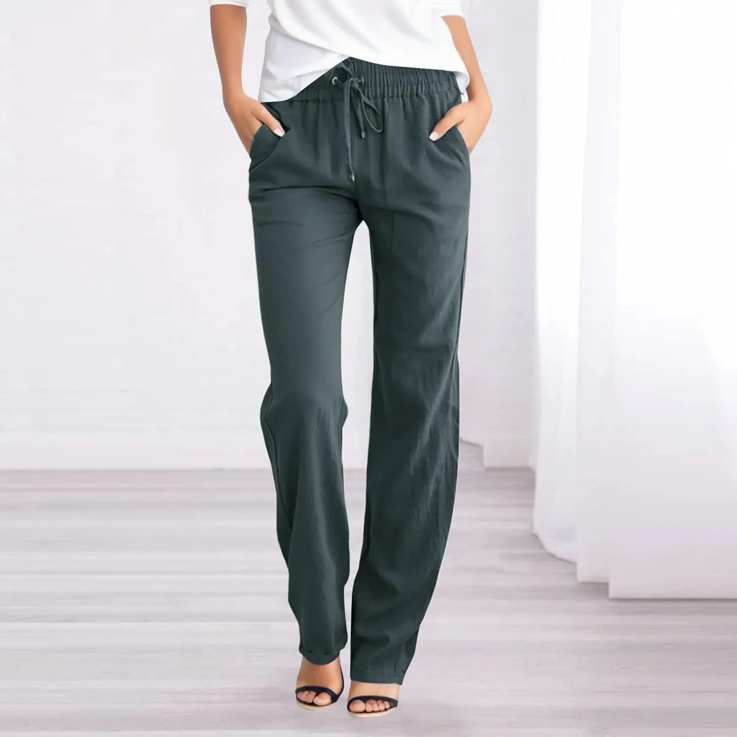 Women Linen Pants Beach Wide Leg Drawstring Joggers Cotton Loose Gauze Pants Summer Cute Causal Lightweight Trousers