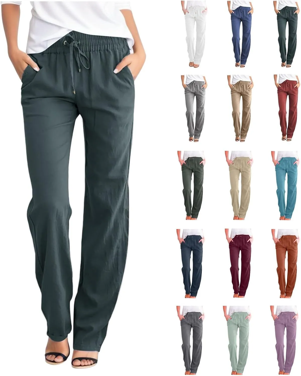 Women Linen Pants Beach Wide Leg Drawstring Joggers Cotton Loose Gauze Pants Summer Cute Causal Lightweight Trousers