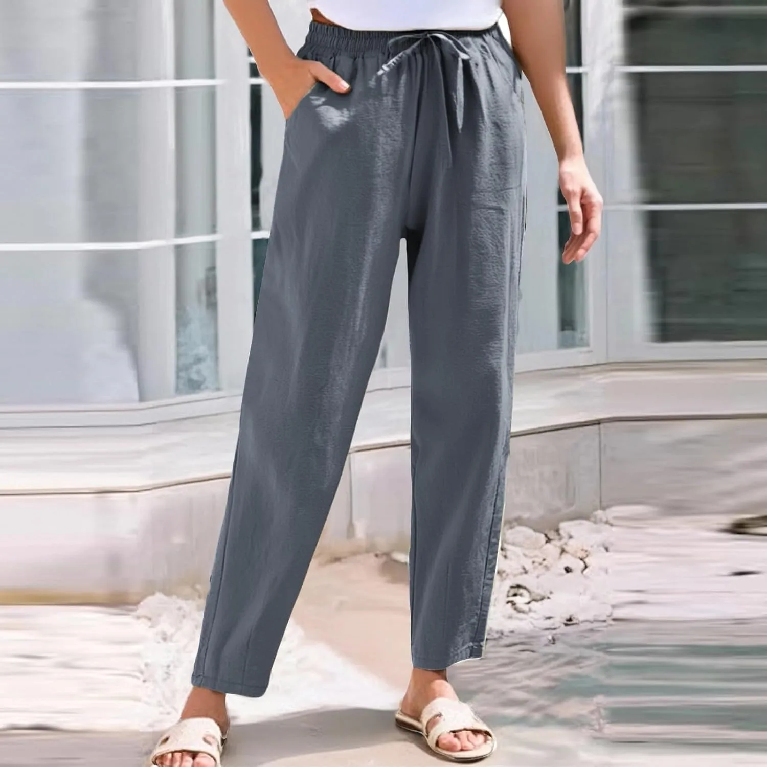 Women Linen Pants Loose High Waist Boho Wide Leg Cropped Palazzo Beach Pants Summer Beach Outfits 2025 Trendy