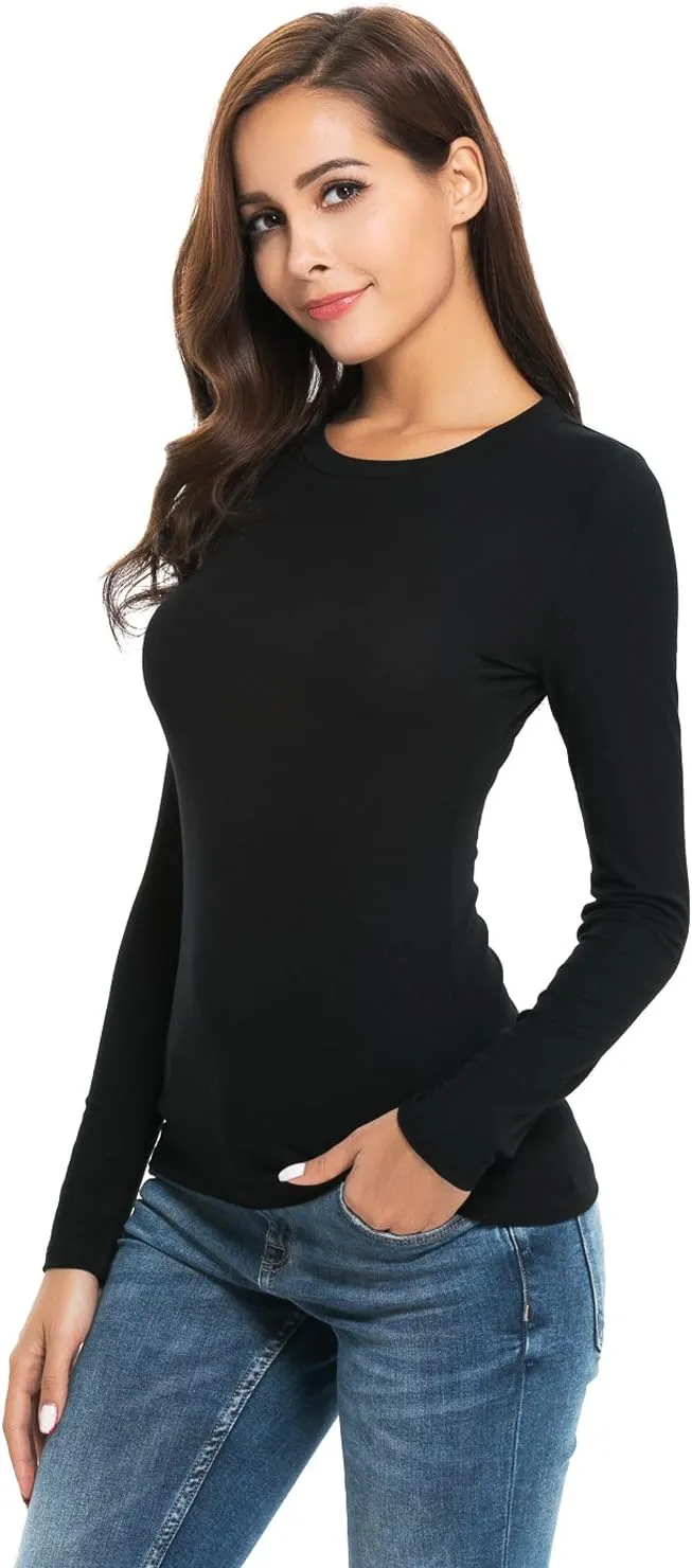 Women Long Sleeve Crew Neck/Scoop V Neck Rayon Slim Fit Stretchy Layer T Shirts Tops
