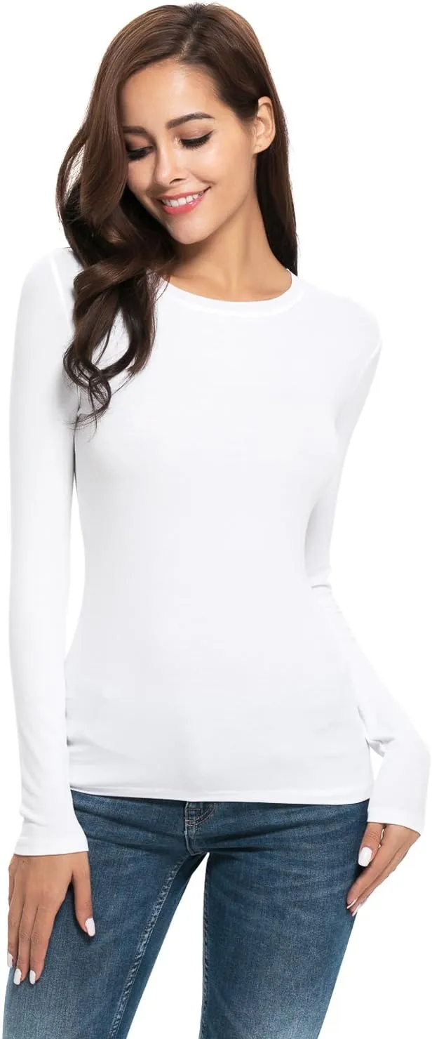 Women Long Sleeve Crew Neck/Scoop V Neck Rayon Slim Fit Stretchy Layer T Shirts Tops