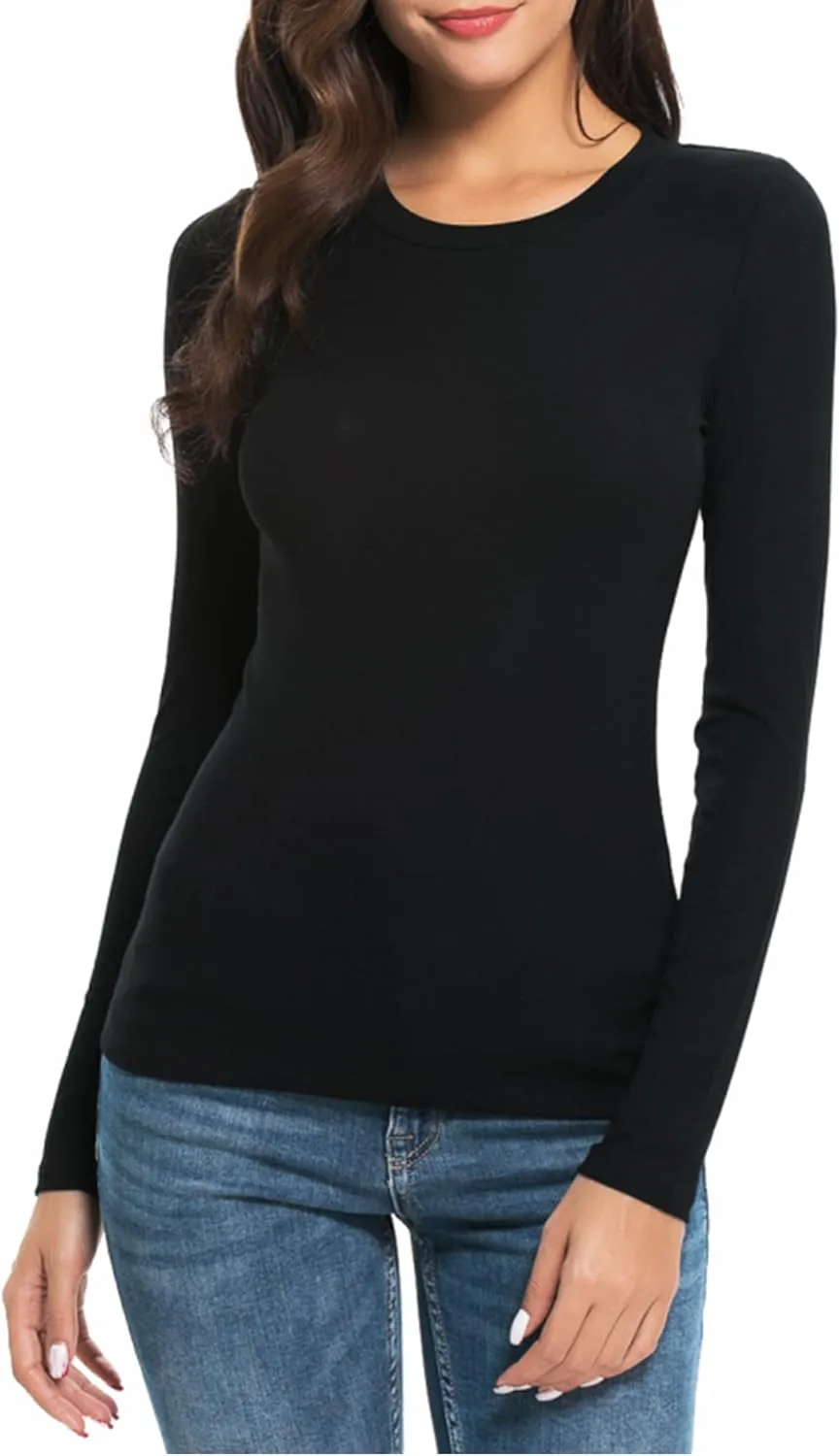 Women Long Sleeve Crew Neck/Scoop V Neck Rayon Slim Fit Stretchy Layer T Shirts Tops