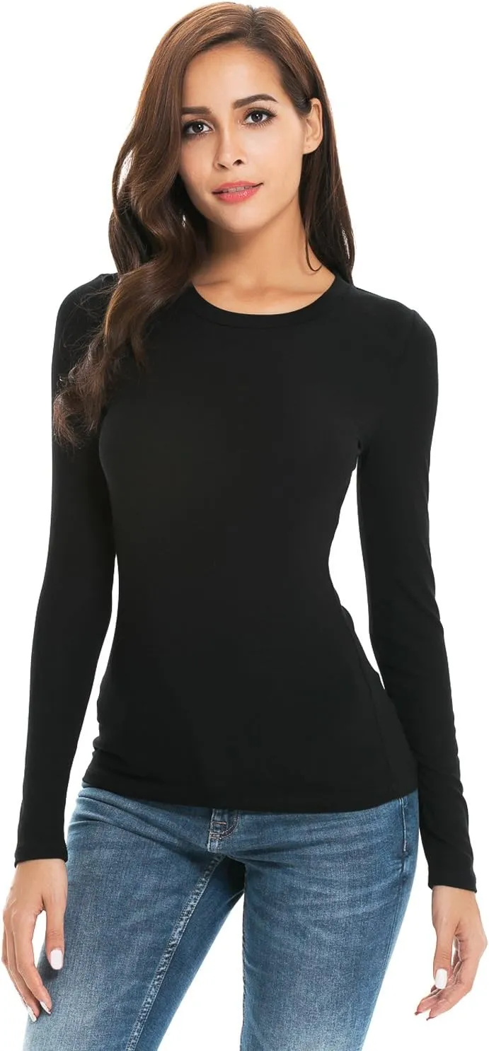 Women Long Sleeve Crew Neck/Scoop V Neck Rayon Slim Fit Stretchy Layer T Shirts Tops