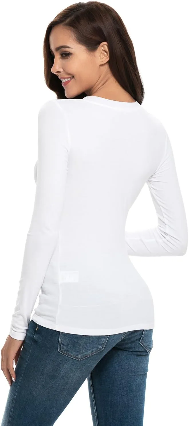 Women Long Sleeve Crew Neck/Scoop V Neck Rayon Slim Fit Stretchy Layer T Shirts Tops