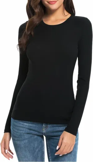 Women Long Sleeve Crew Neck/Scoop V Neck Rayon Slim Fit Stretchy Layer T Shirts Tops