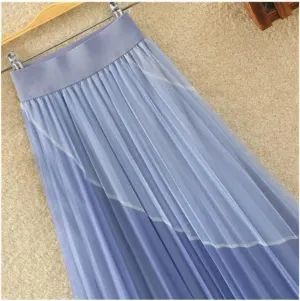 Women Midi Mesh Tulle Skirt Elastic Waist A-Line Pleated Skirt with Contrasting Color Stitching Party Skirts
