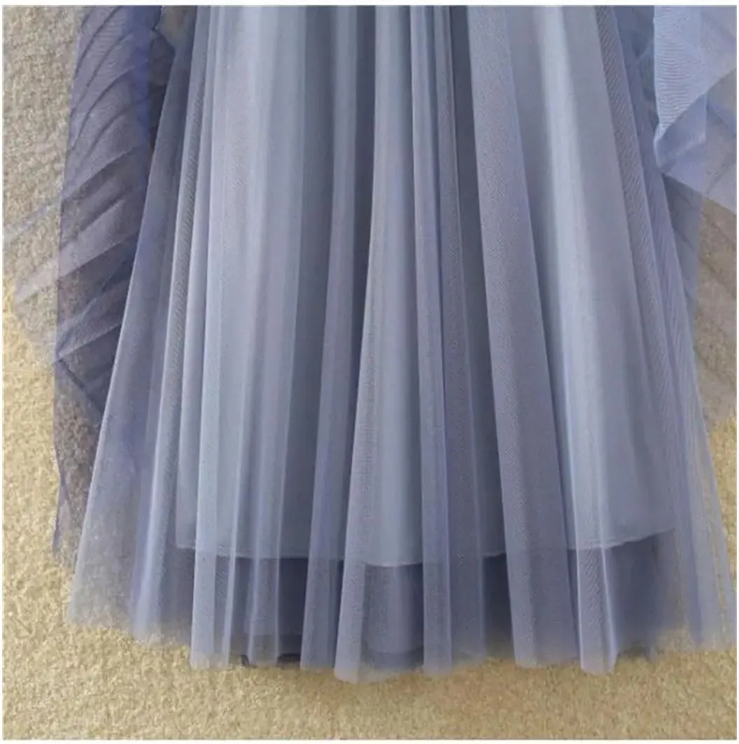 Women Midi Mesh Tulle Skirt Elastic Waist A-Line Pleated Skirt with Contrasting Color Stitching Party Skirts