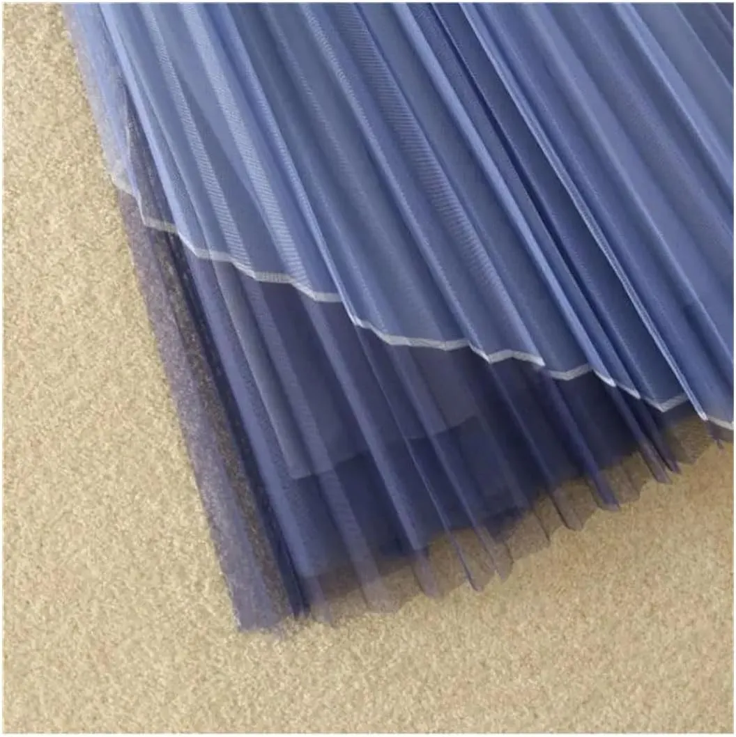 Women Midi Mesh Tulle Skirt Elastic Waist A-Line Pleated Skirt with Contrasting Color Stitching Party Skirts