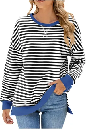 Women Oversized Striped Sweatshirts Color Block Long Sleeve Hoodies Crew Neck Loose Fit Tops Casual Pullover Y2K Top