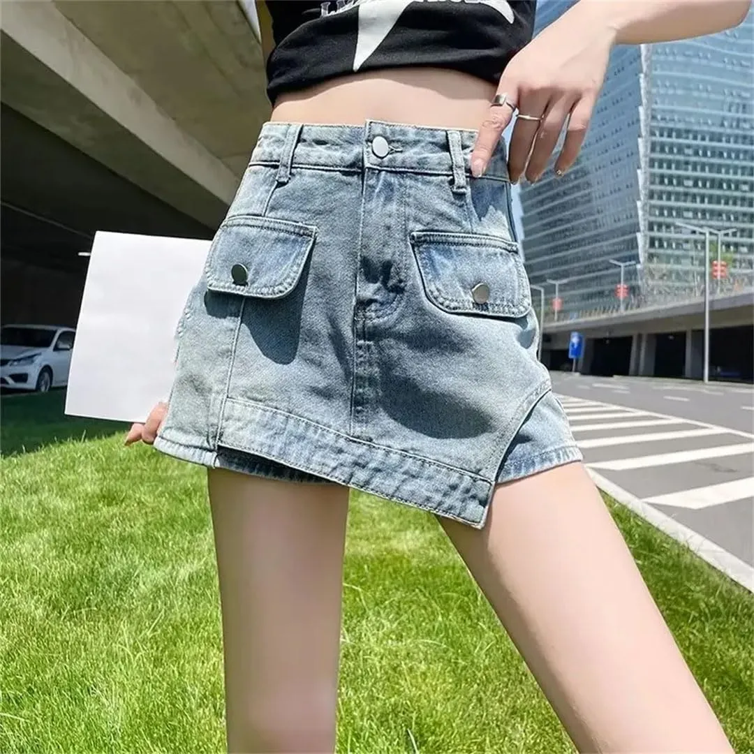 Women Plus Size High-Waisted Slimming Denim Skirt Korean Wrap Around Shorts Skirt