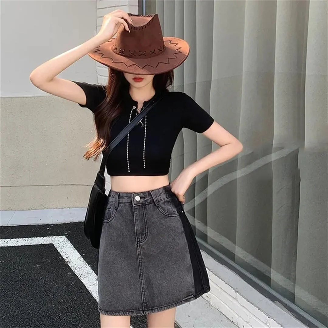 Women Plus Size High-Waisted Slimming Mini Dress Denim Skirt A- Line Skirt