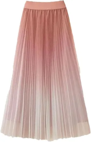 Women Spring Summer Gradient Color Midi Pleated Skirts Elastic High Waist Mesh Tulle Skirts