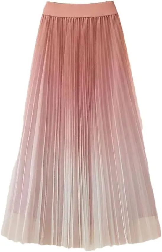 Women Spring Summer Gradient Color Midi Pleated Skirts Elastic High Waist Mesh Tulle Skirts