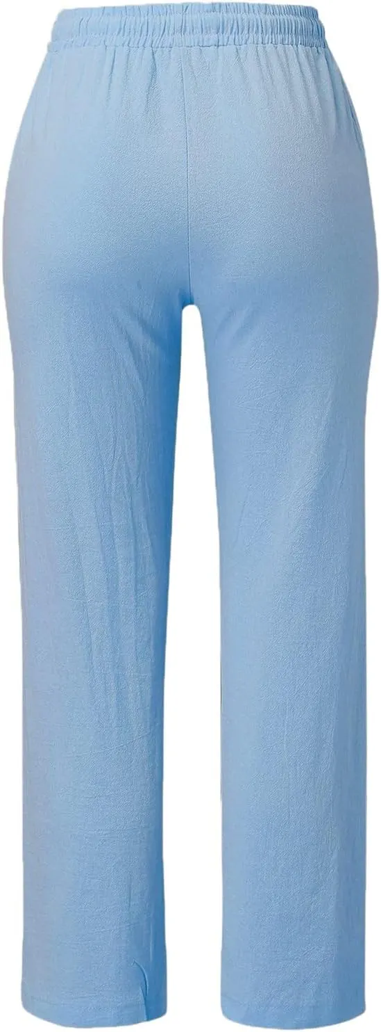 Women Straight Leg Pants Linen Cotton Drawstring Elastic Waist Summer Trousers Casual Loose Lounge Pants with Pockets