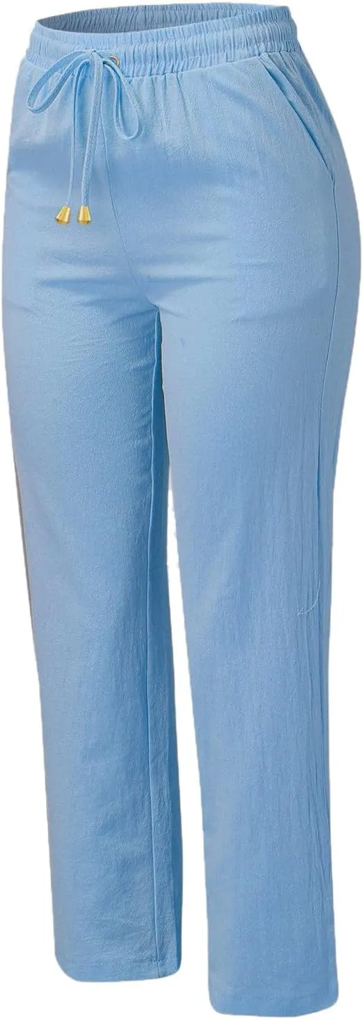 Women Straight Leg Pants Linen Cotton Drawstring Elastic Waist Summer Trousers Casual Loose Lounge Pants with Pockets