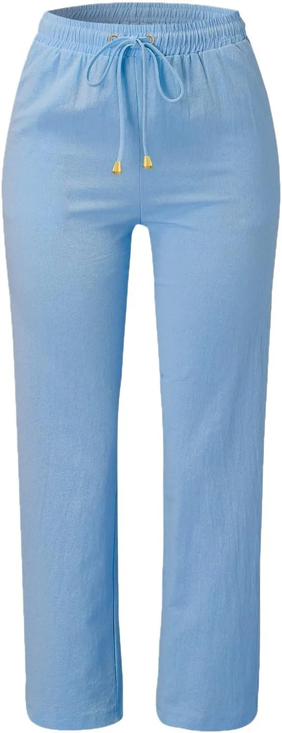 Women Straight Leg Pants Linen Cotton Drawstring Elastic Waist Summer Trousers Casual Loose Lounge Pants with Pockets