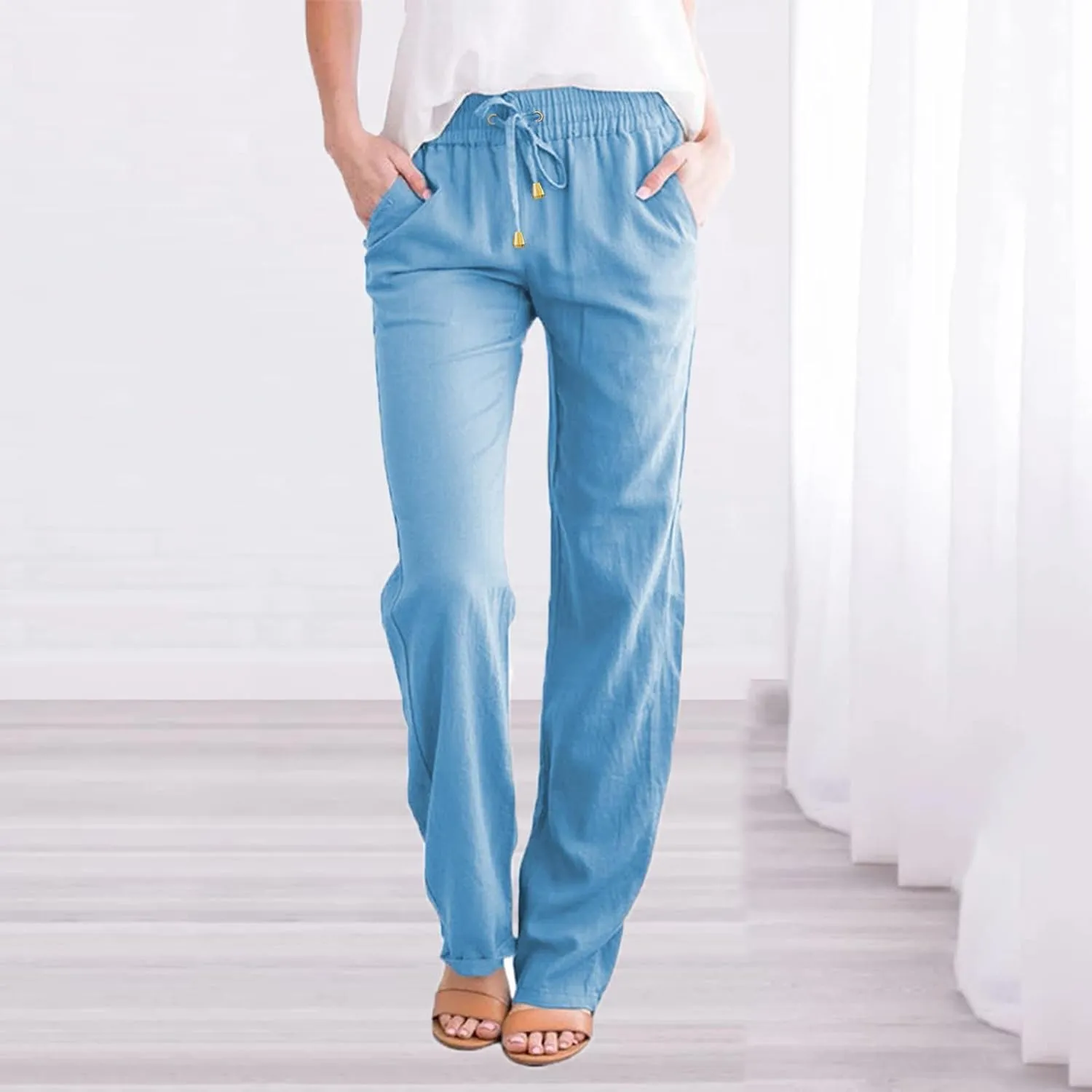 Women Straight Leg Pants Linen Cotton Drawstring Elastic Waist Summer Trousers Casual Loose Lounge Pants with Pockets