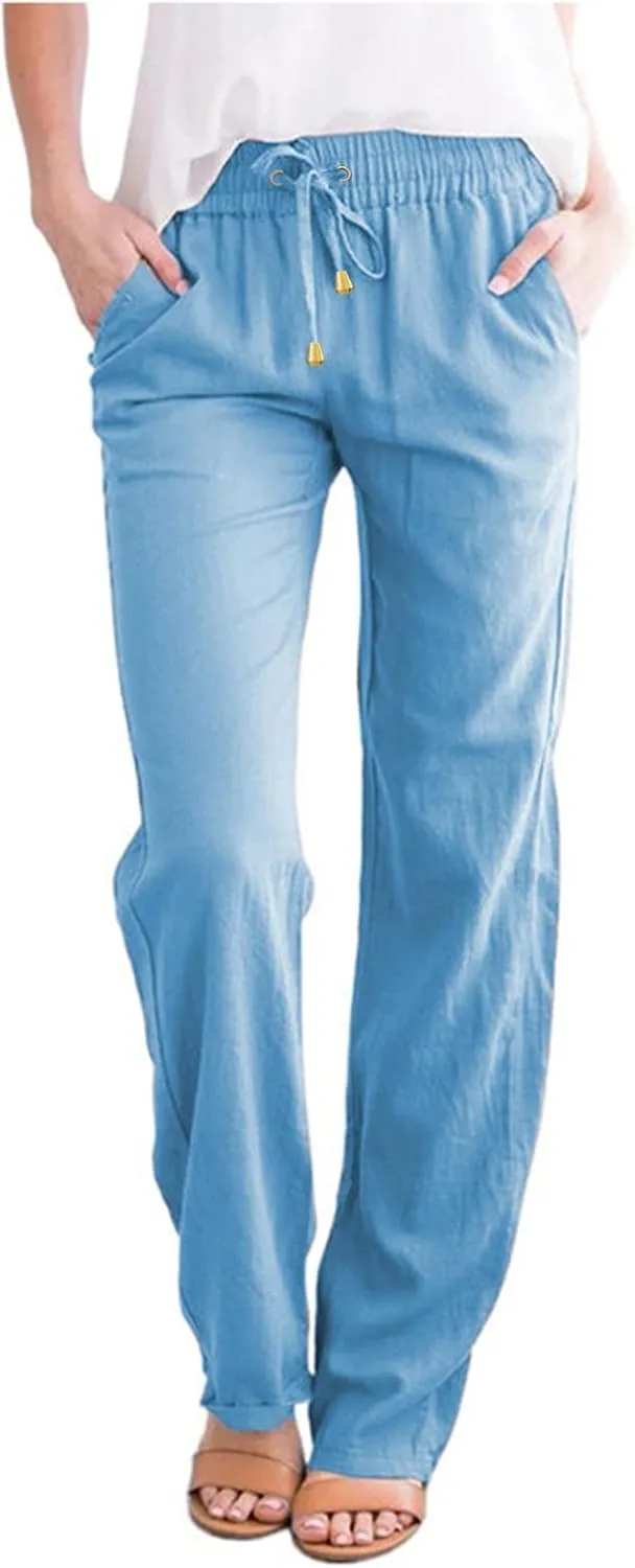 Women Straight Leg Pants Linen Cotton Drawstring Elastic Waist Summer Trousers Casual Loose Lounge Pants with Pockets