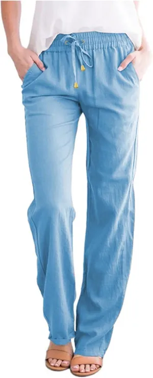 Women Straight Leg Pants Linen Cotton Drawstring Elastic Waist Summer Trousers Casual Loose Lounge Pants with Pockets