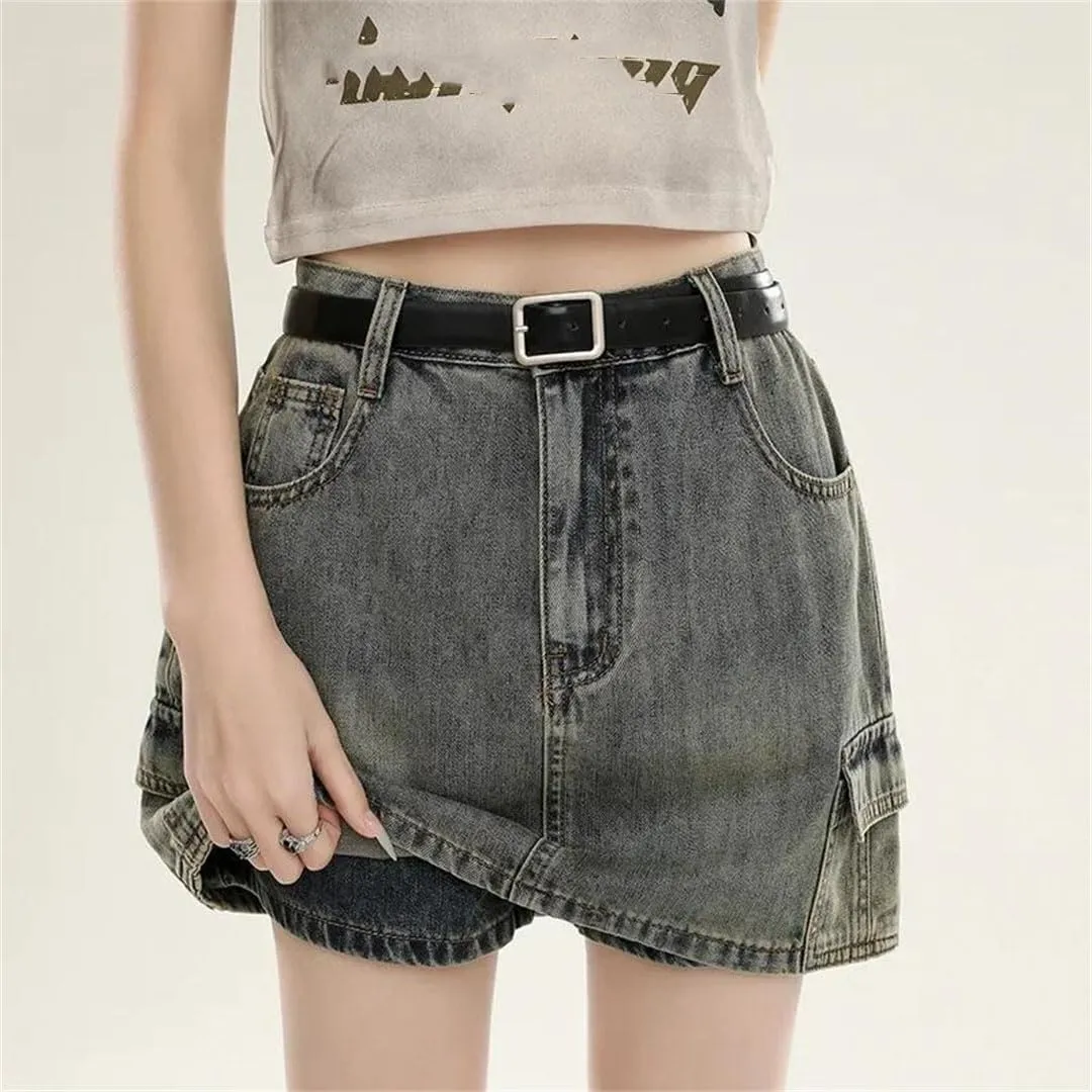 Women Style Vintage Distressed High-Waisted Slimming Denim Mini Dress A- Line Skirt Slimming with Inner Lining Denim Skirt