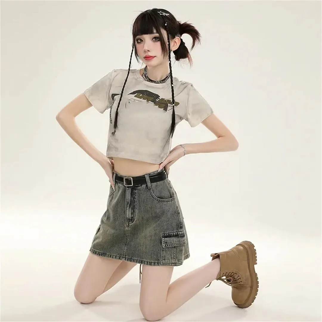 Women Style Vintage Distressed High-Waisted Slimming Denim Mini Dress A- Line Skirt Slimming with Inner Lining Denim Skirt