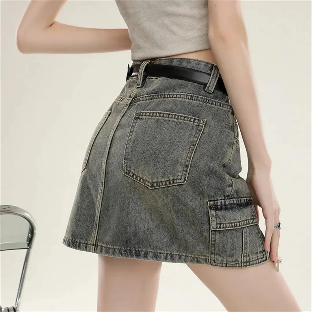 Women Style Vintage Distressed High-Waisted Slimming Denim Mini Dress A- Line Skirt Slimming with Inner Lining Denim Skirt