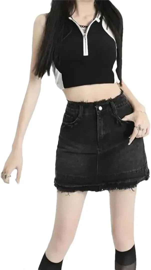 Women Vintage Fringed Denim Skirt High Waisted Slimming Mini Dress Anti-Exposure Shaping Petite Skirt