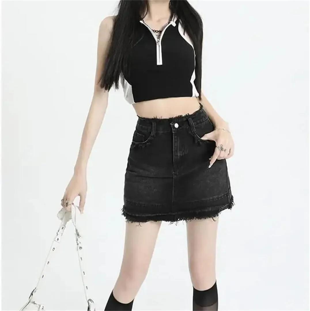 Women Vintage Fringed Denim Skirt High Waisted Slimming Mini Dress Anti-Exposure Shaping Petite Skirt