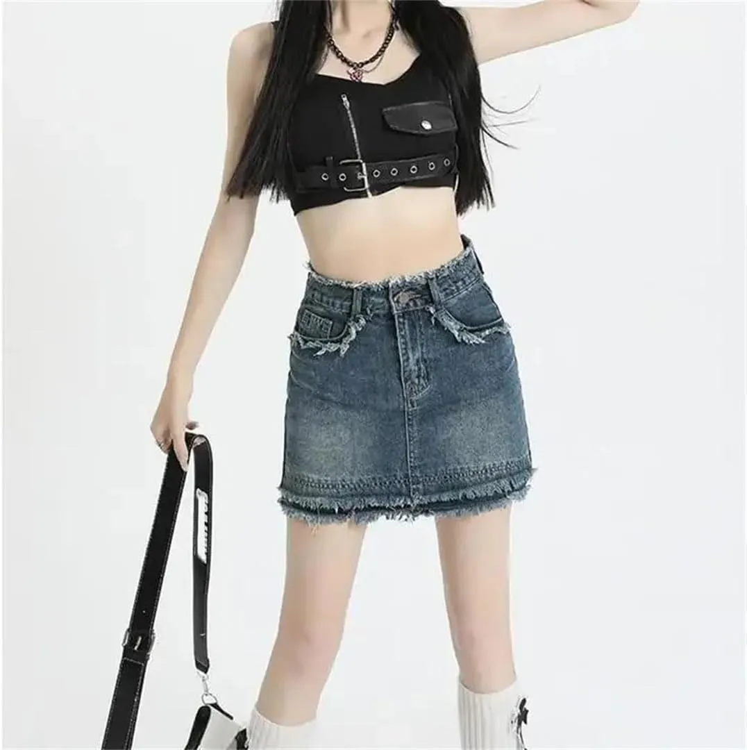 Women Vintage Fringed Denim Skirt High Waisted Slimming Mini Dress Anti-Exposure Shaping Petite Skirt