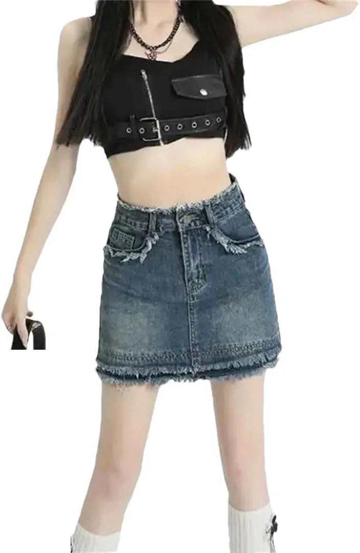 Women Vintage Fringed Denim Skirt High Waisted Slimming Mini Dress Anti-Exposure Shaping Petite Skirt