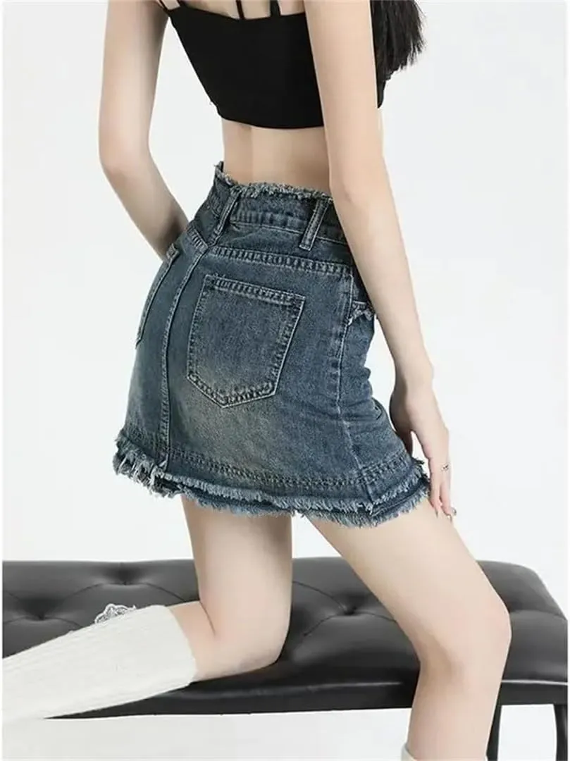 Women Vintage Fringed Denim Skirt High Waisted Slimming Mini Dress Anti-Exposure Shaping Petite Skirt