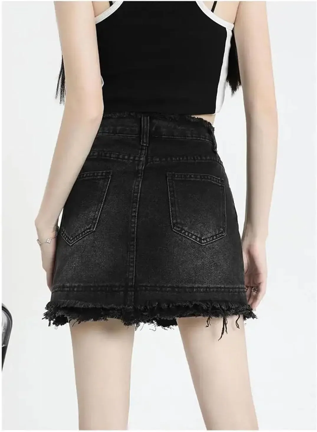 Women Vintage Fringed Denim Skirt High Waisted Slimming Mini Dress Anti-Exposure Shaping Petite Skirt